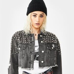 Azalea Wang Studded Cropped Denim Jacket Size Large Grey Spiked Grunge Punk Jean